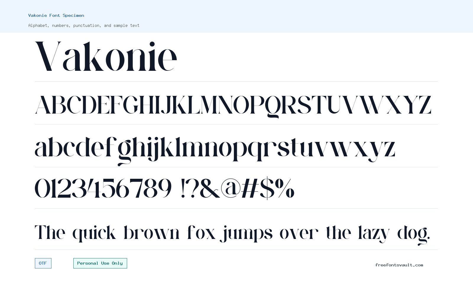 Vakonie font specimen showing alphabet, numbers, and sample text