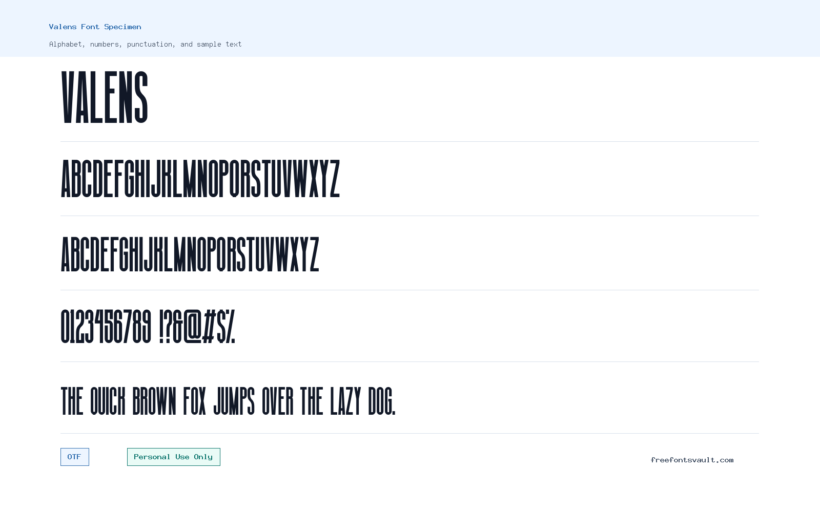 Valens font specimen showing alphabet, numbers, and sample text