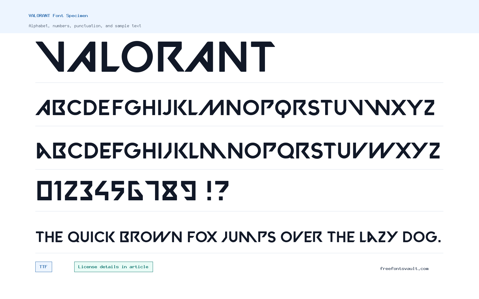 VALORANT font specimen showing alphabet, numbers, and sample text