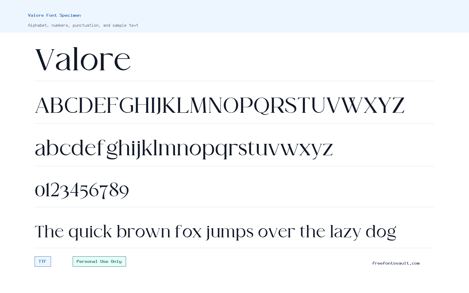 Valore font specimen showing alphabet, numbers, and sample text