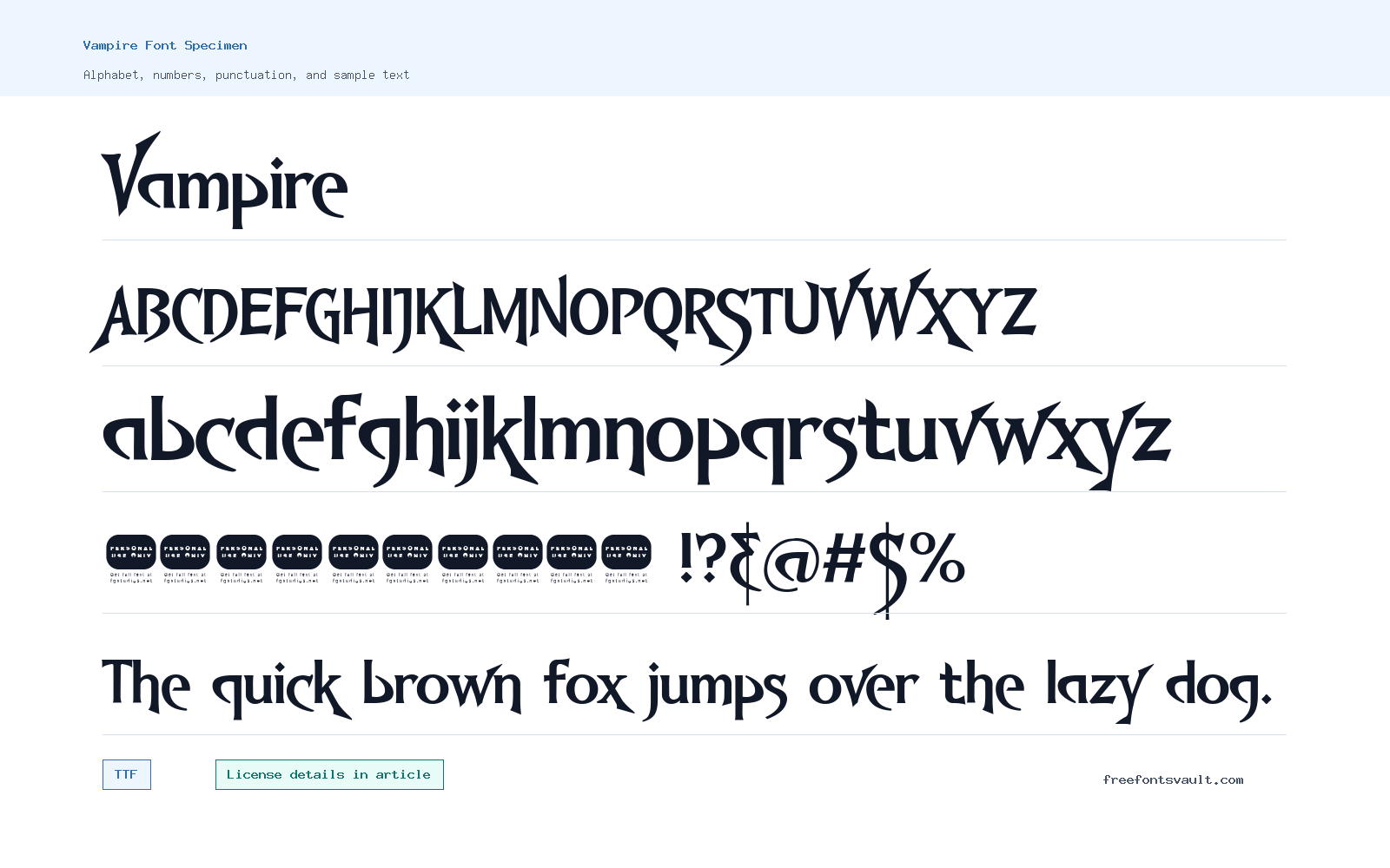 Vampire font specimen showing alphabet, numbers, and sample text