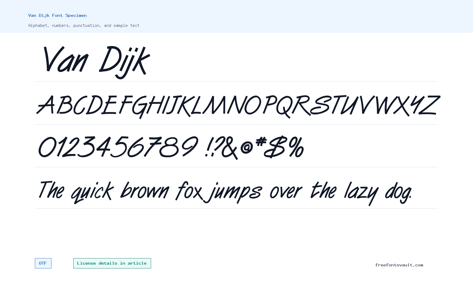 Van Dijk font specimen showing alphabet, numbers, and sample text