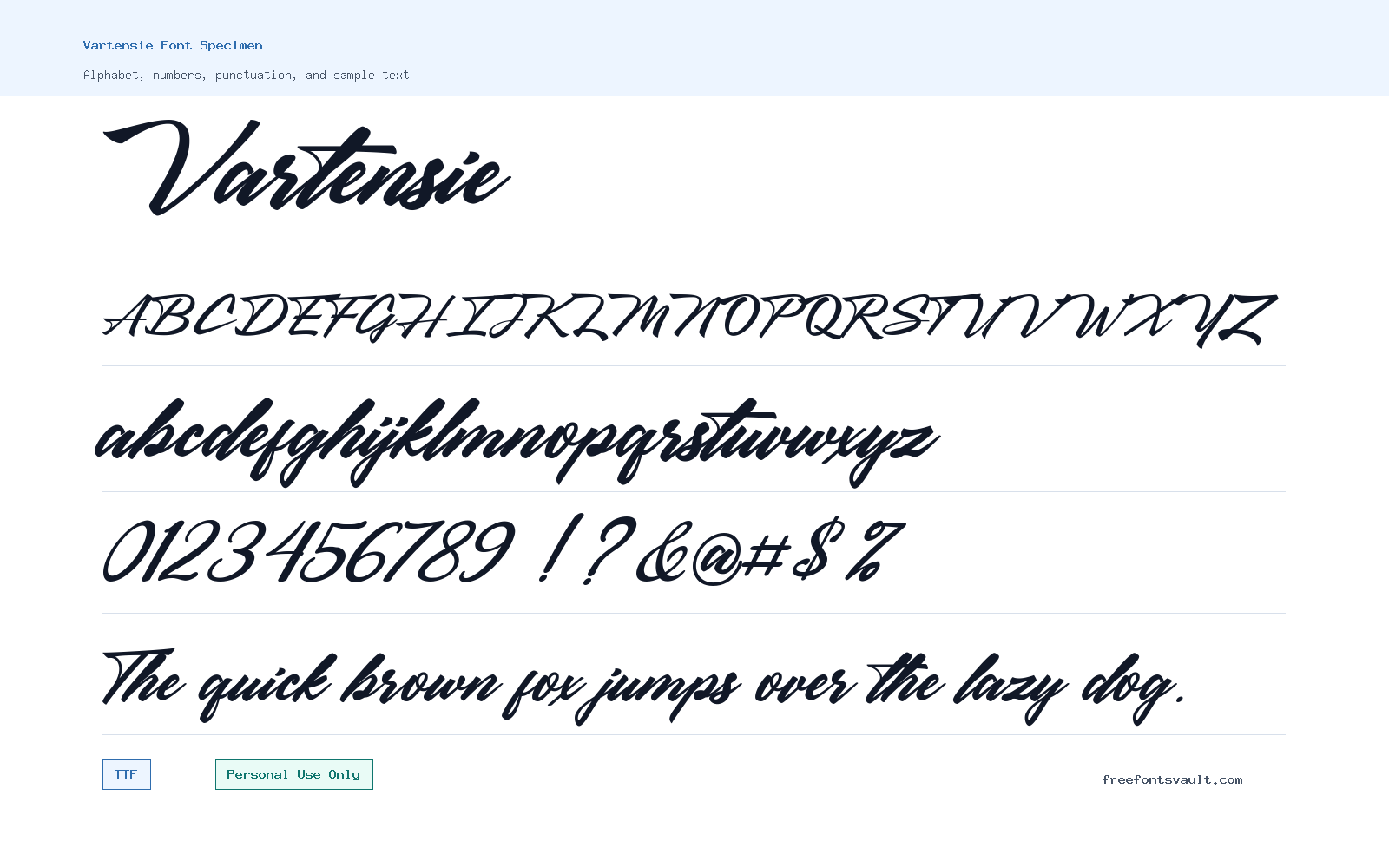 Vartensie font specimen showing alphabet, numbers, and sample text