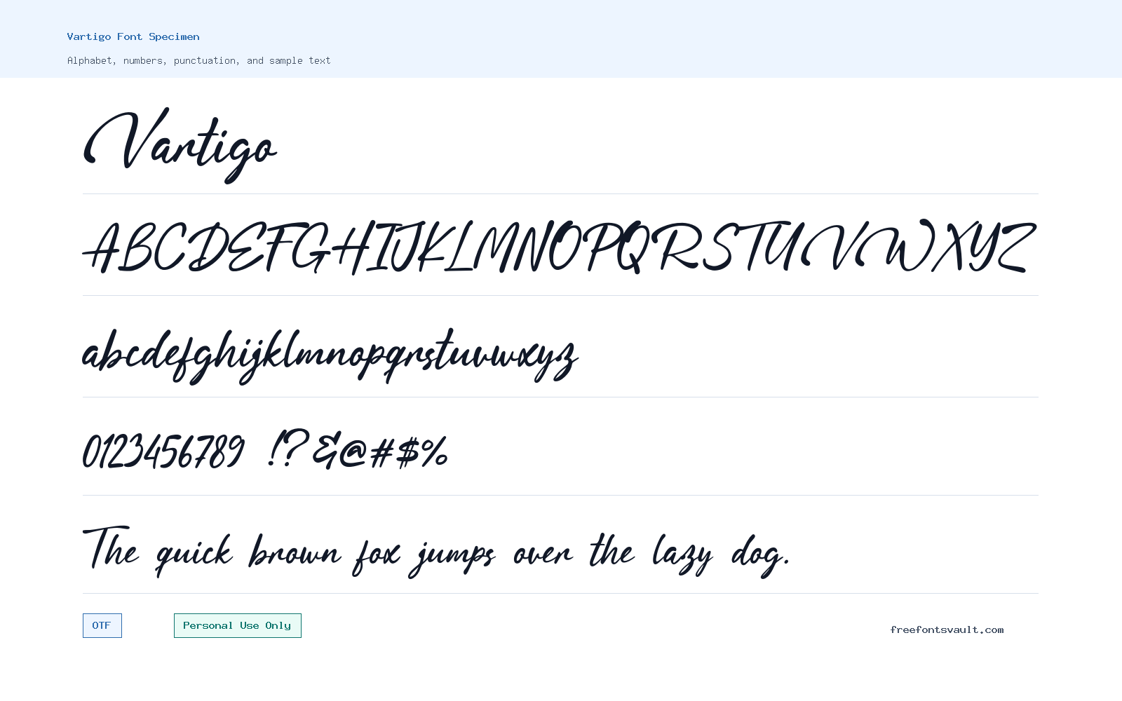 Vartigo font specimen showing alphabet, numbers, and sample text