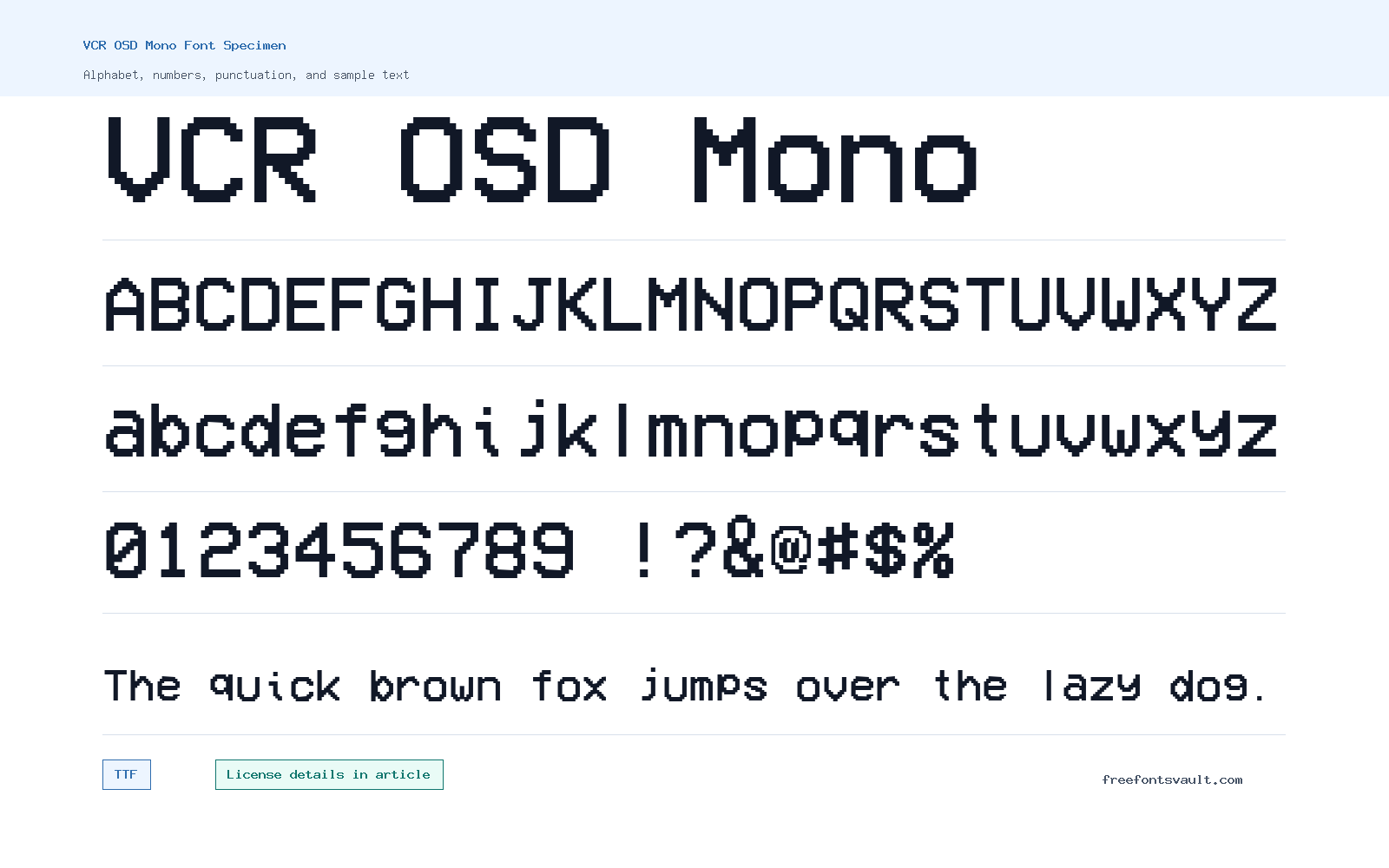 VCR OSD Mono font specimen showing alphabet, numbers, and sample text