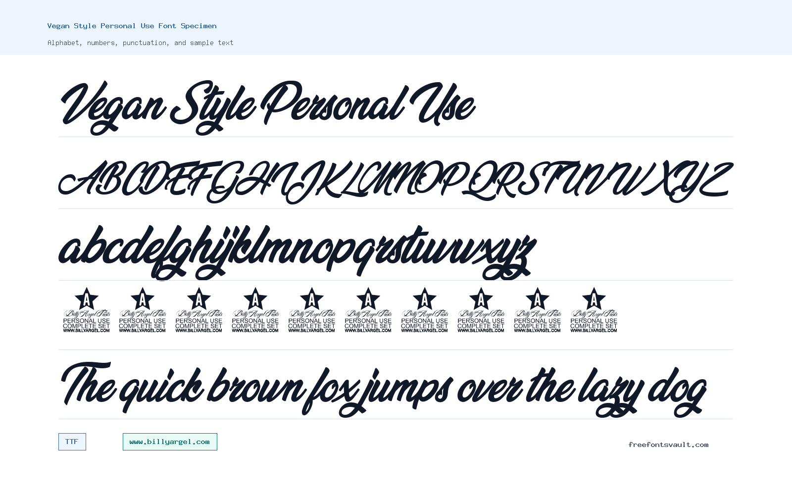 Vegan Style Personal Use font specimen showing alphabet, numbers, and sample text