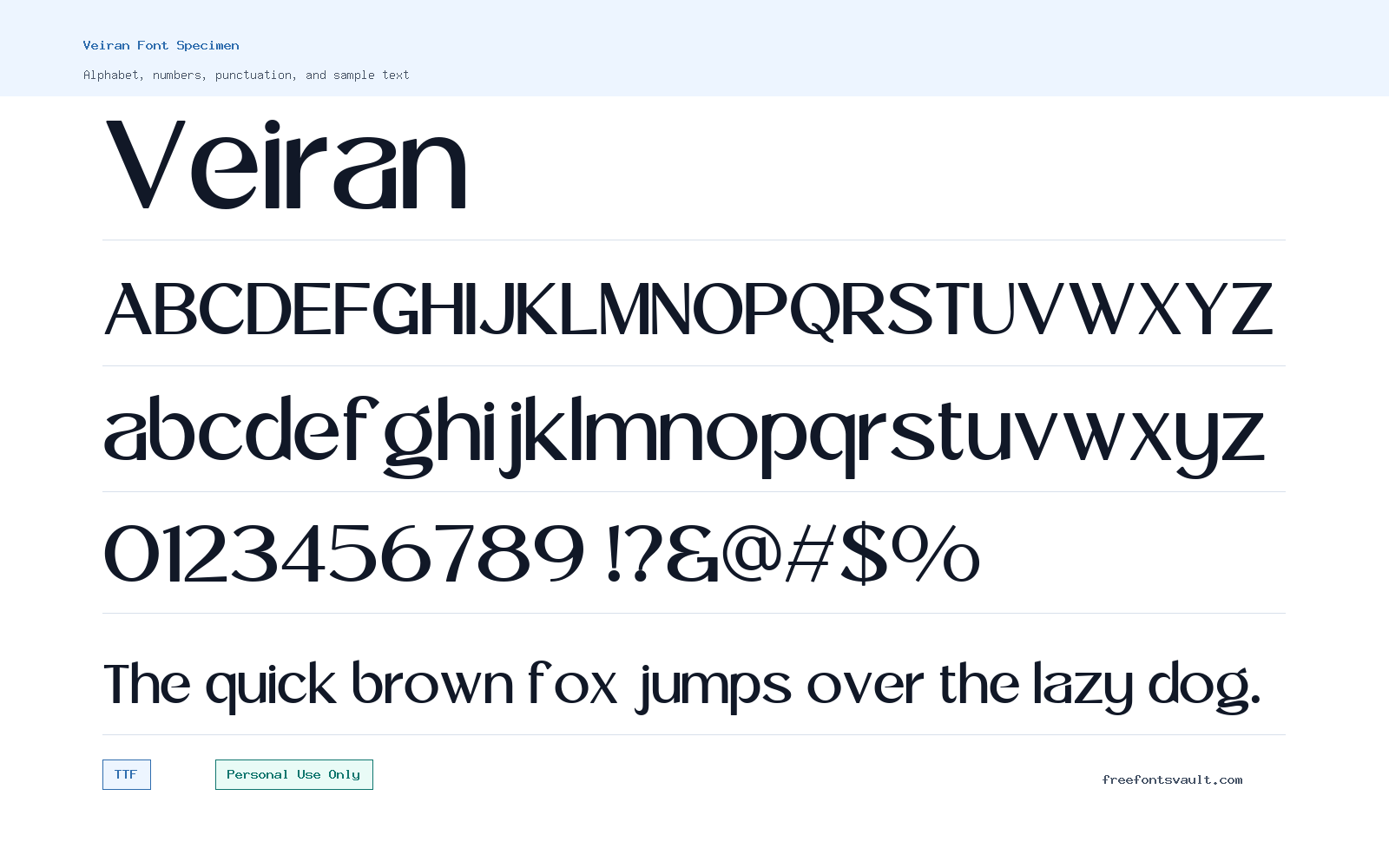 Veiran font specimen showing alphabet, numbers, and sample text