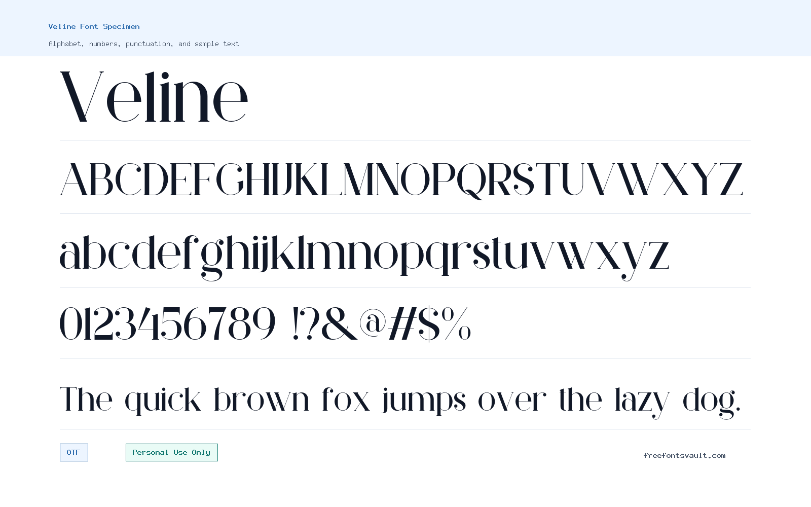 Veline font specimen showing alphabet, numbers, and sample text