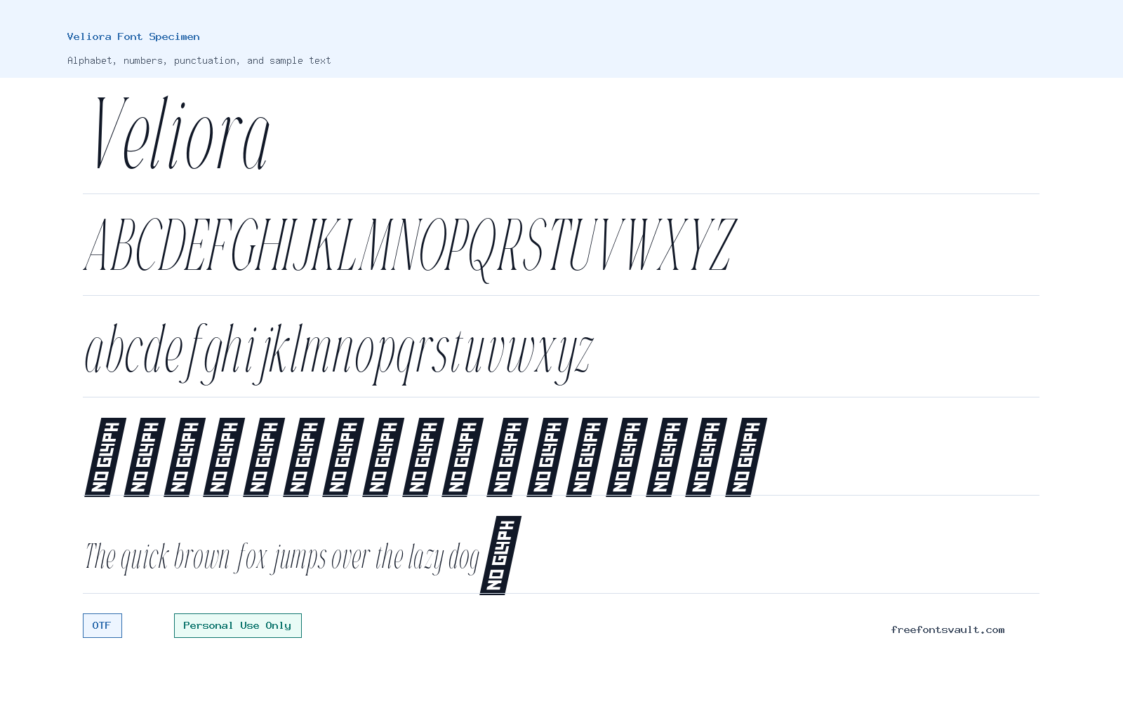 Veliora font specimen showing alphabet, numbers, and sample text