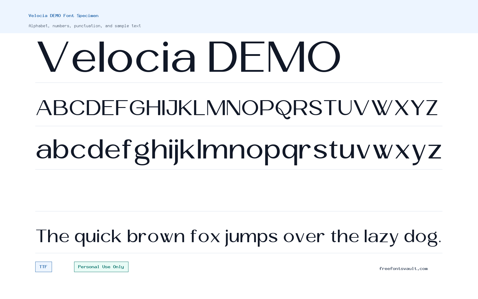 Velocia DEMO font specimen showing alphabet, numbers, and sample text