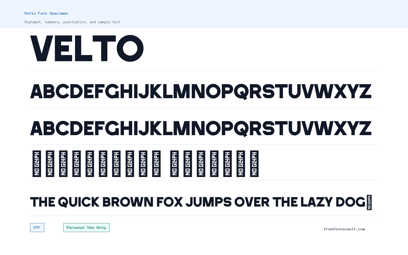Velto font specimen showing alphabet, numbers, and sample text
