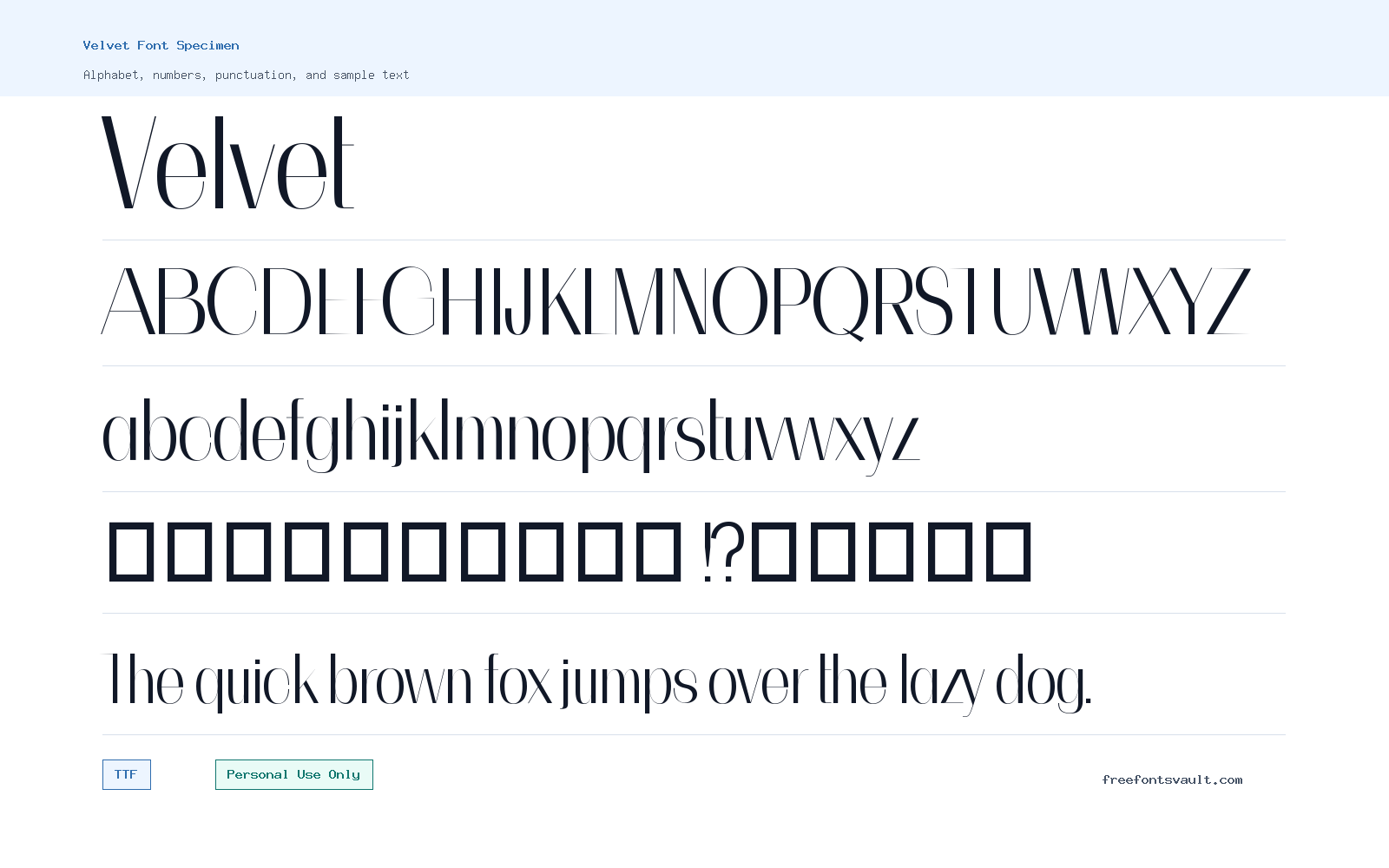 Velvet font specimen showing alphabet, numbers, and sample text