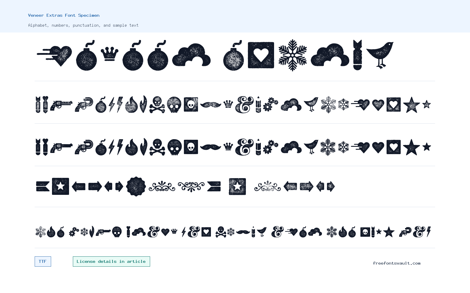 Veneer Extras font specimen showing alphabet, numbers, and sample text
