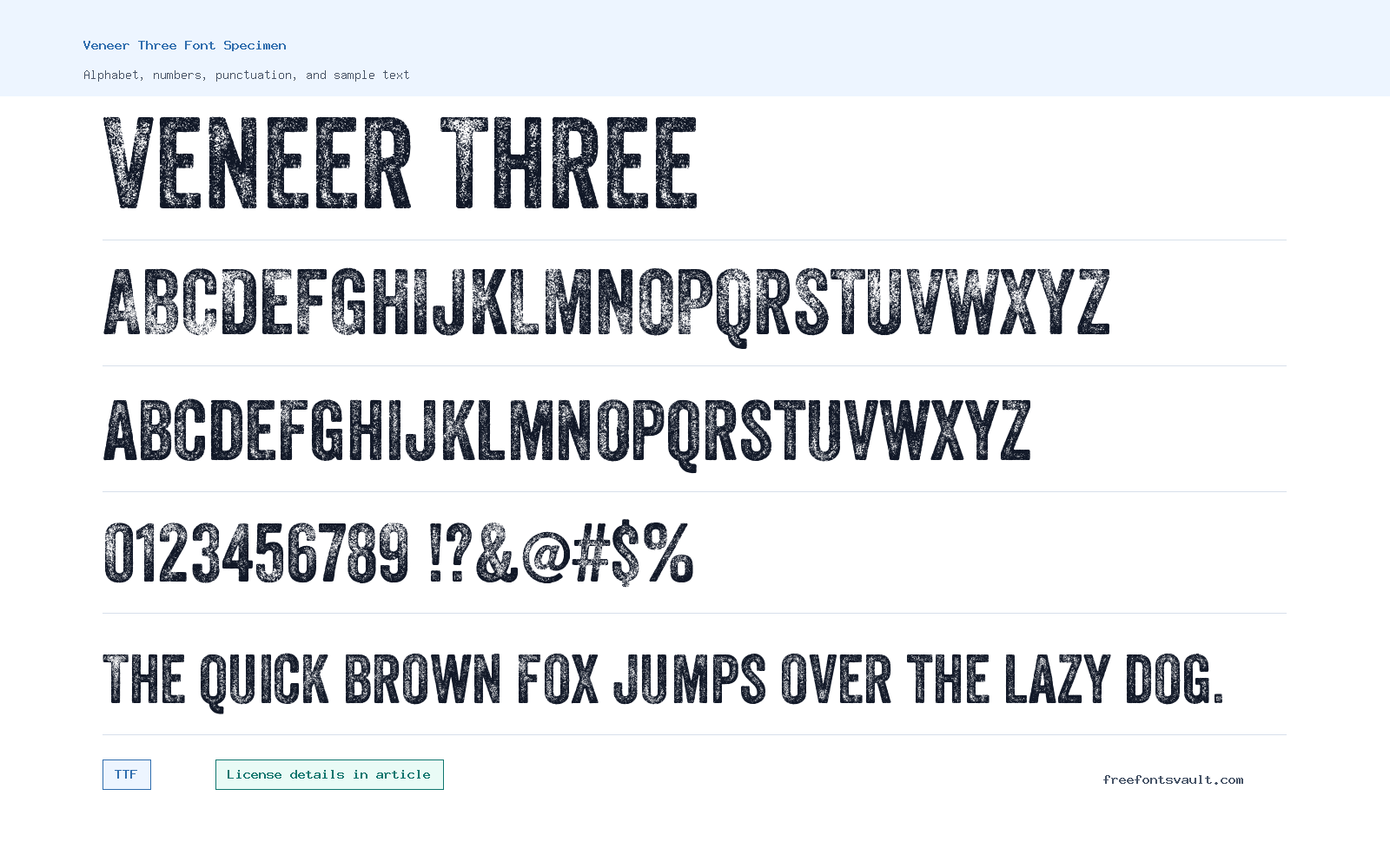Veneer Three font specimen showing alphabet, numbers, and sample text