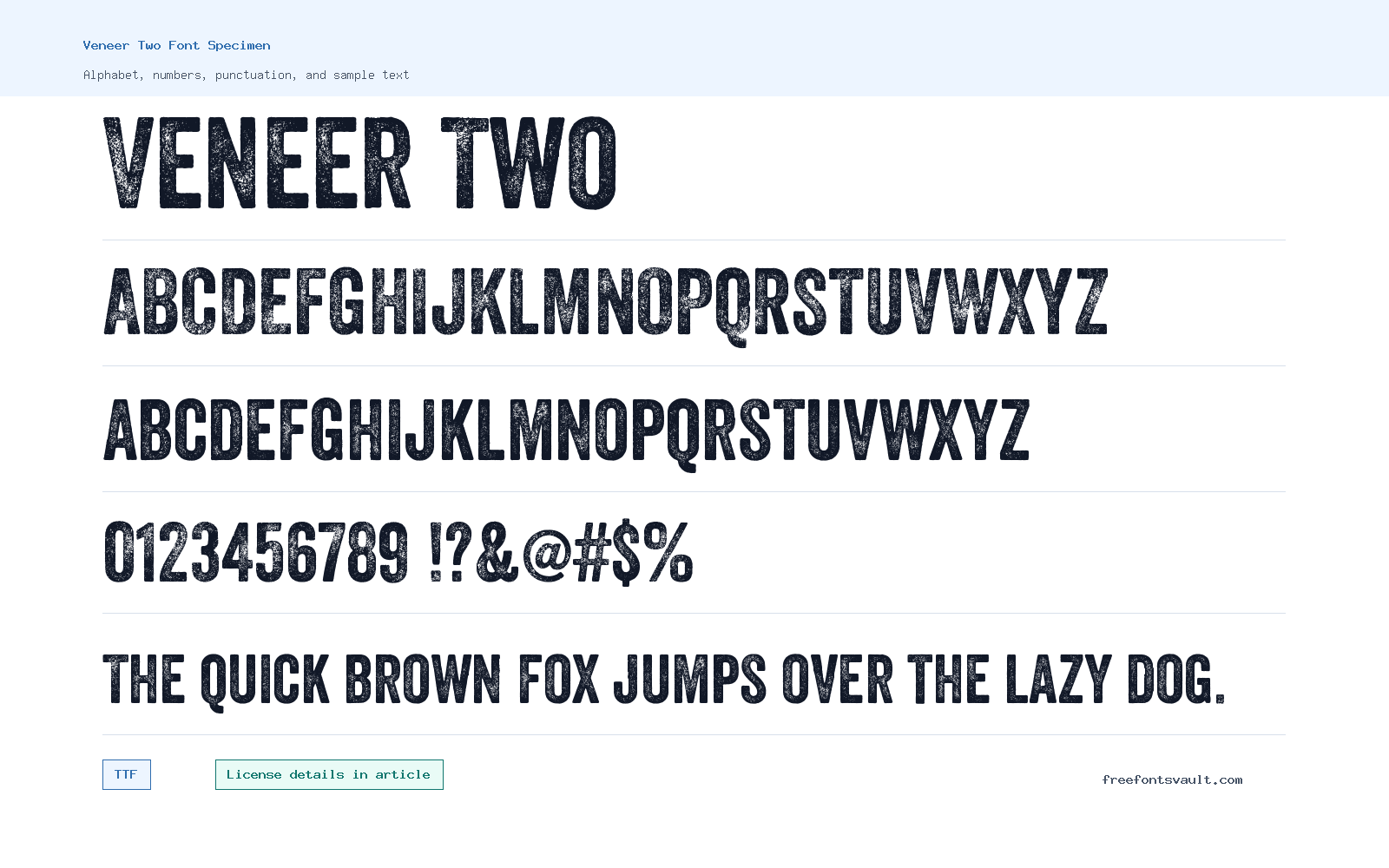 Veneer Two font specimen showing alphabet, numbers, and sample text