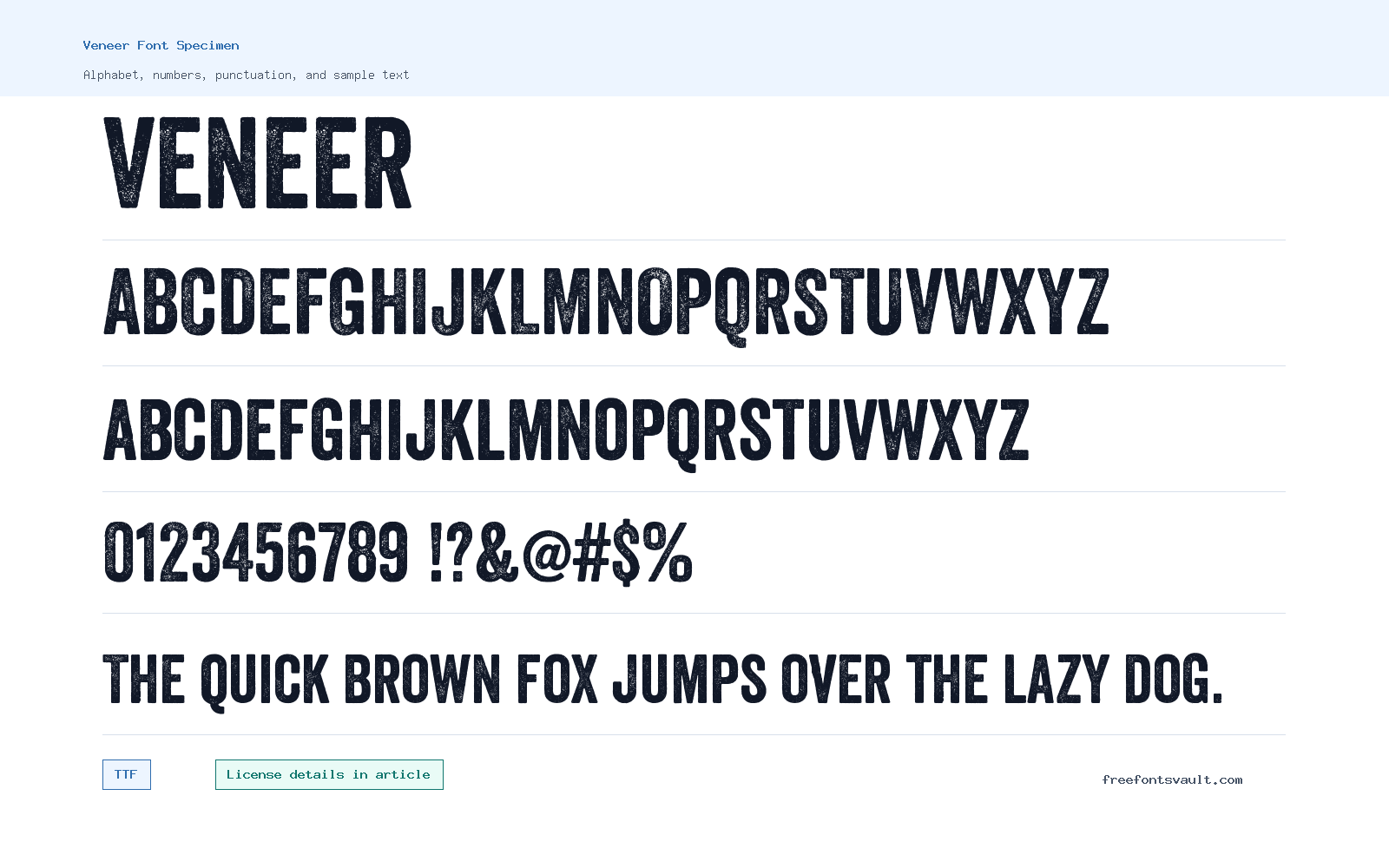 Veneer font specimen showing alphabet, numbers, and sample text
