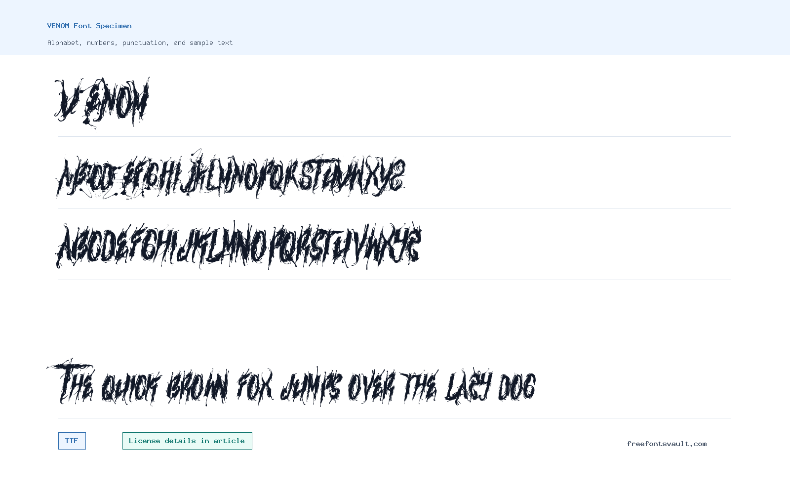 VENOM font specimen showing alphabet, numbers, and sample text