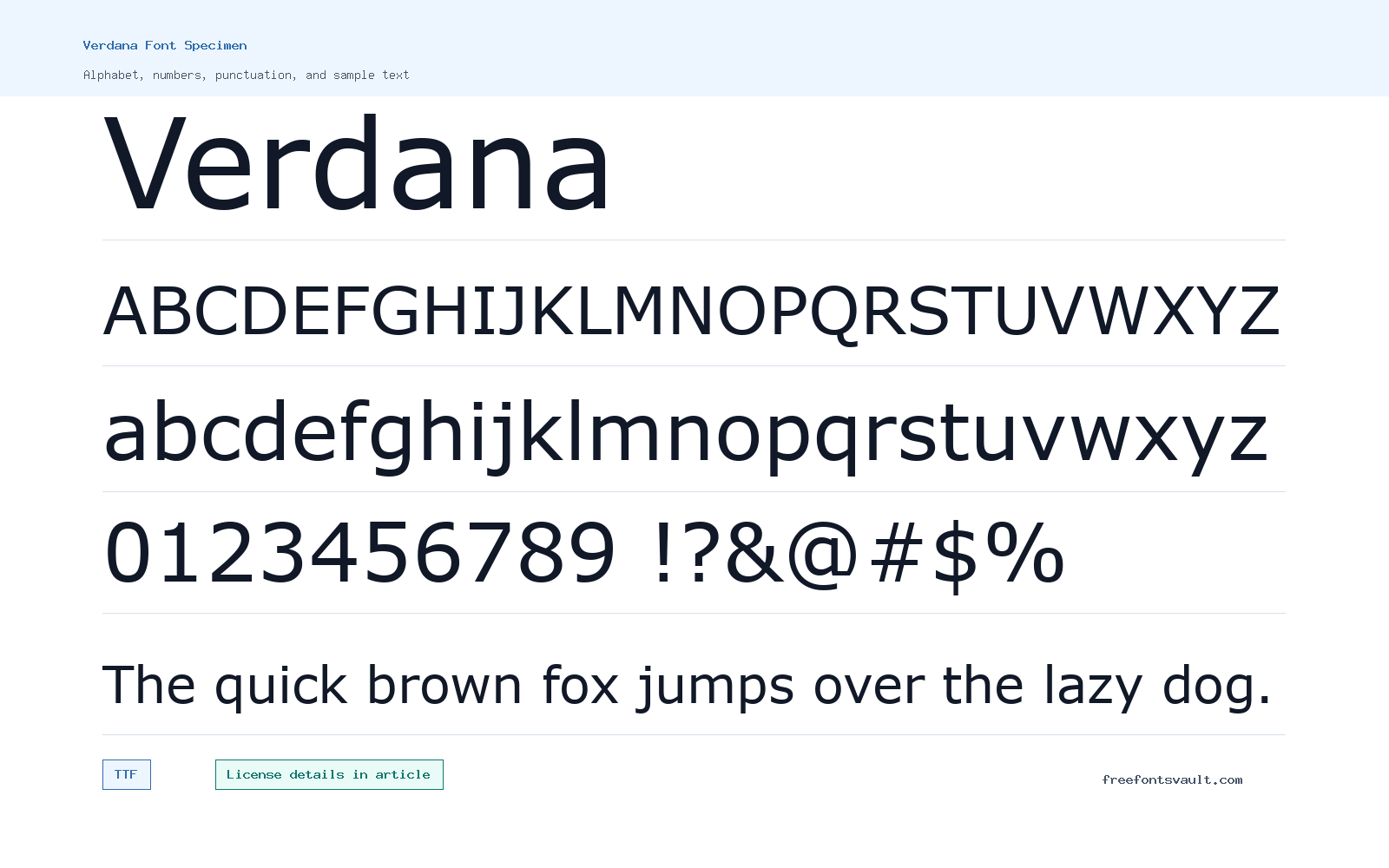 Verdana font specimen showing alphabet, numbers, and sample text