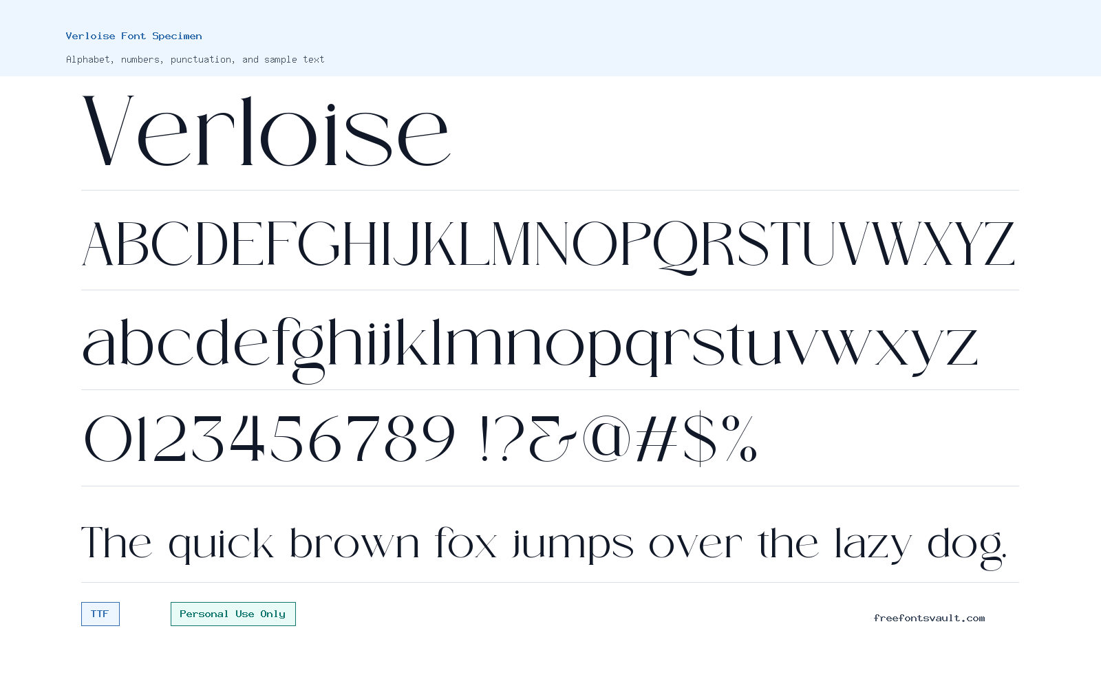 Verloise font specimen showing alphabet, numbers, and sample text