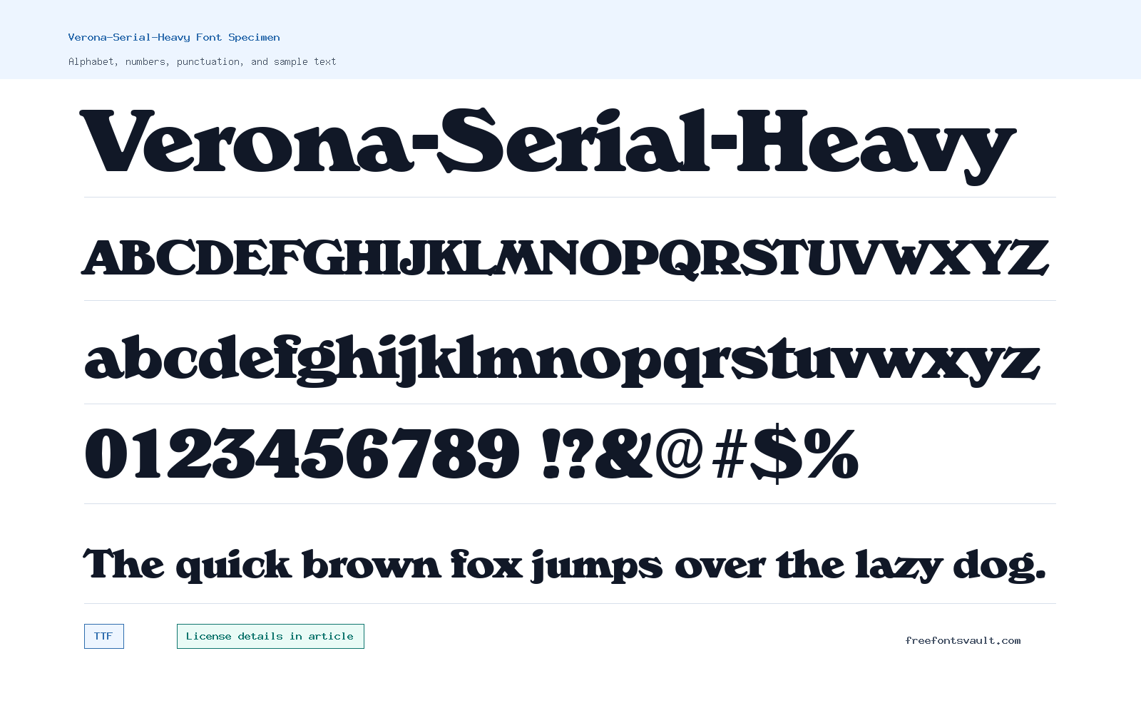 Verona-Serial-Heavy font specimen showing alphabet, numbers, and sample text