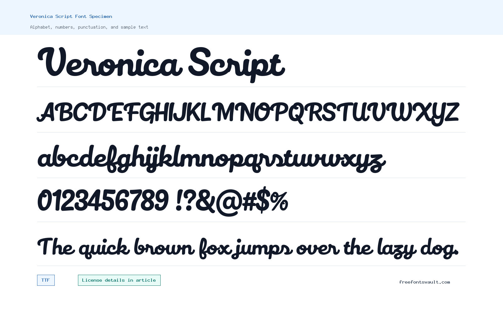 Veronica Script font specimen showing alphabet, numbers, and sample text