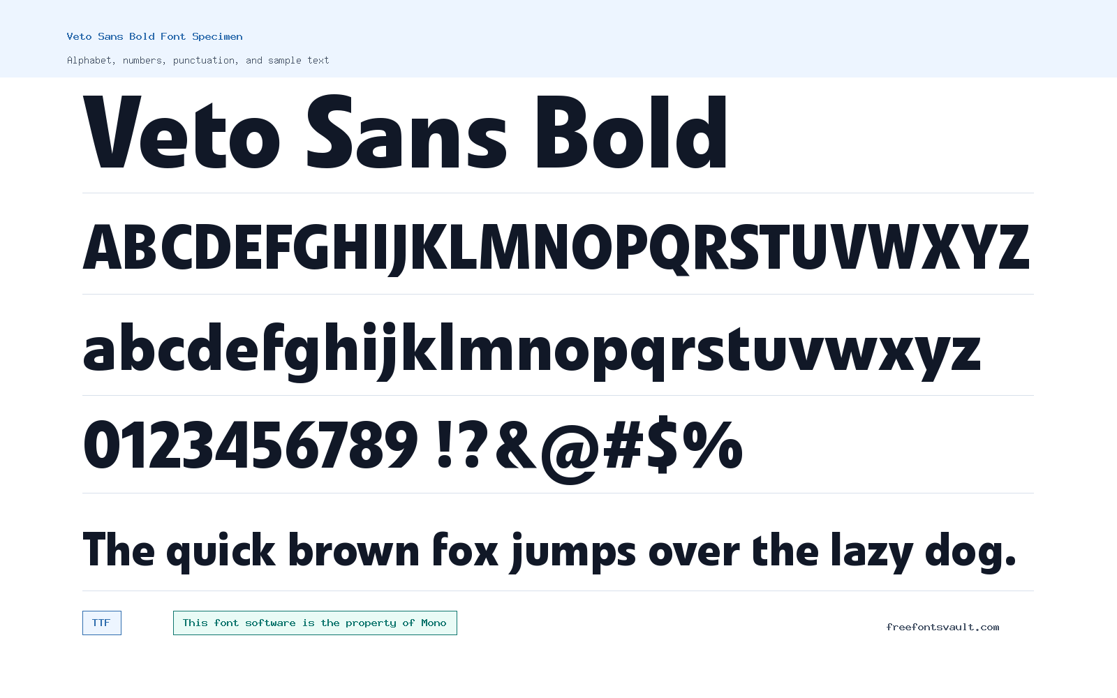 Veto Sans Bold font specimen showing alphabet, numbers, and sample text