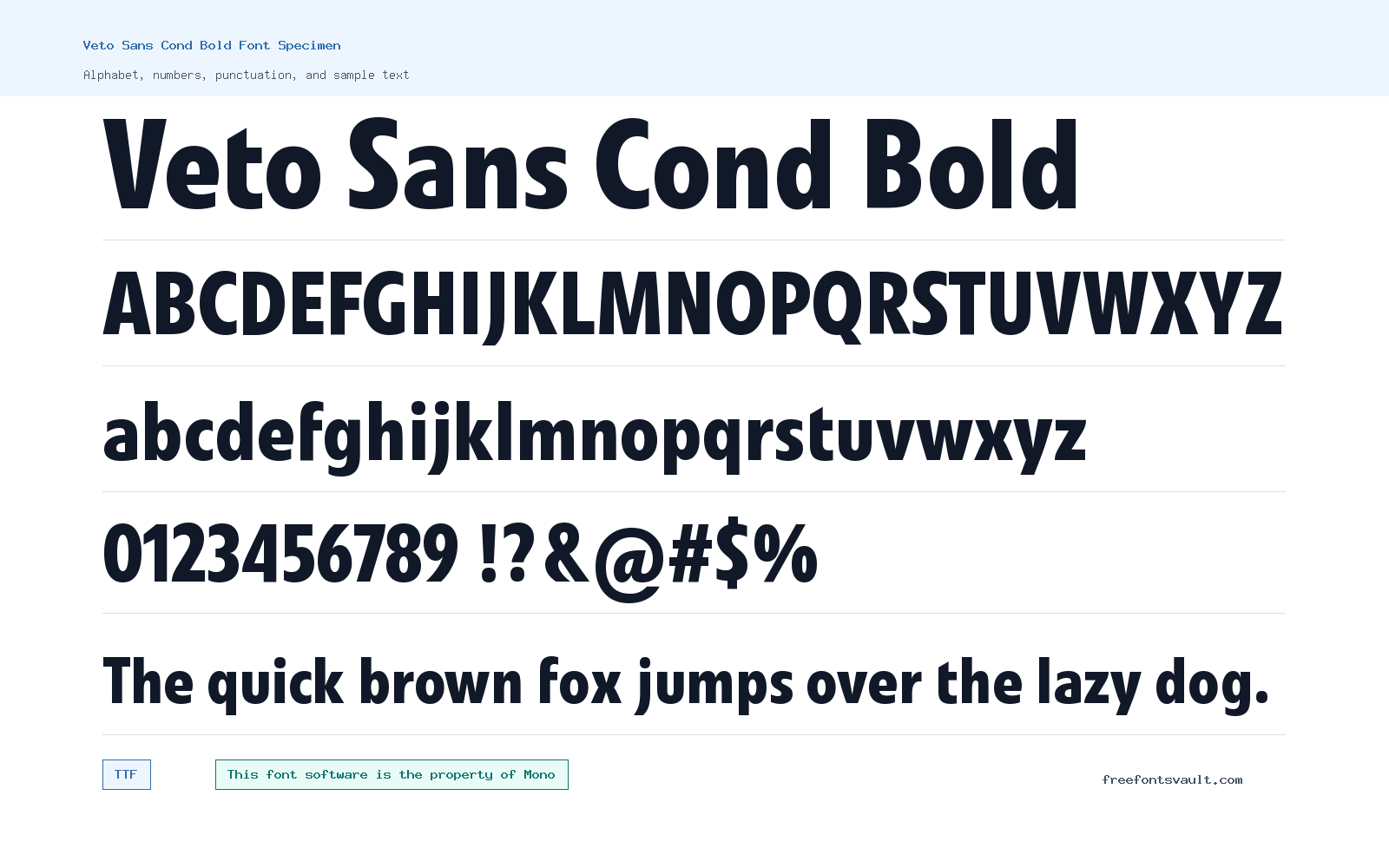 Veto Sans Cond Bold font specimen showing alphabet, numbers, and sample text