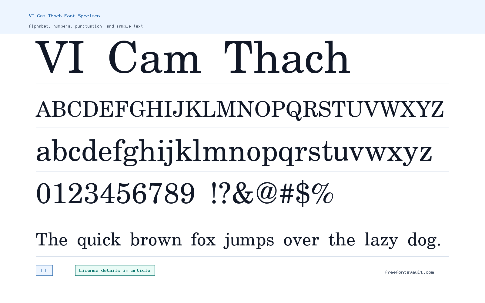 VI Cam Thach font specimen showing alphabet, numbers, and sample text
