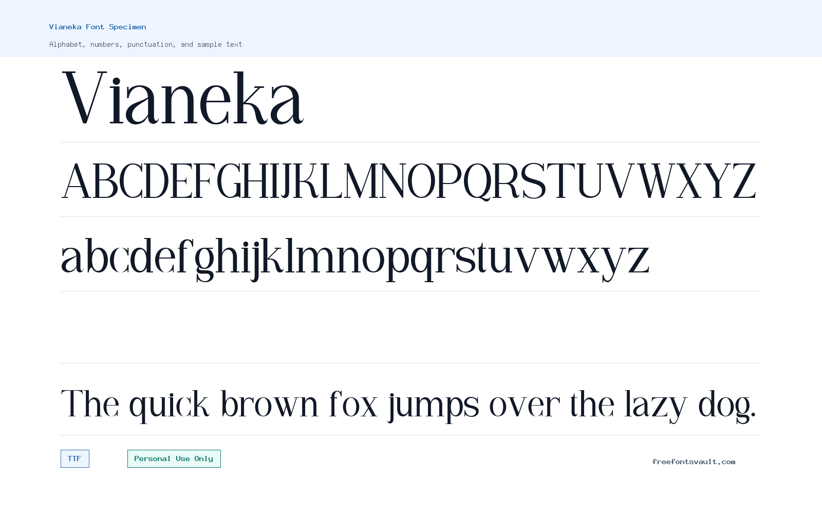 Vianeka font specimen showing alphabet, numbers, and sample text