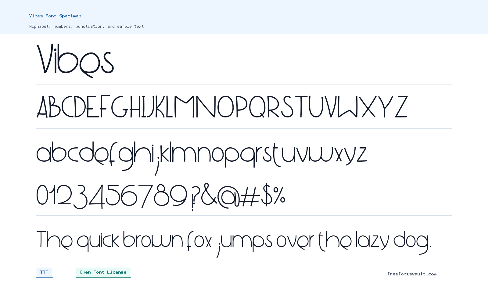 Vibes font specimen showing alphabet, numbers, and sample text