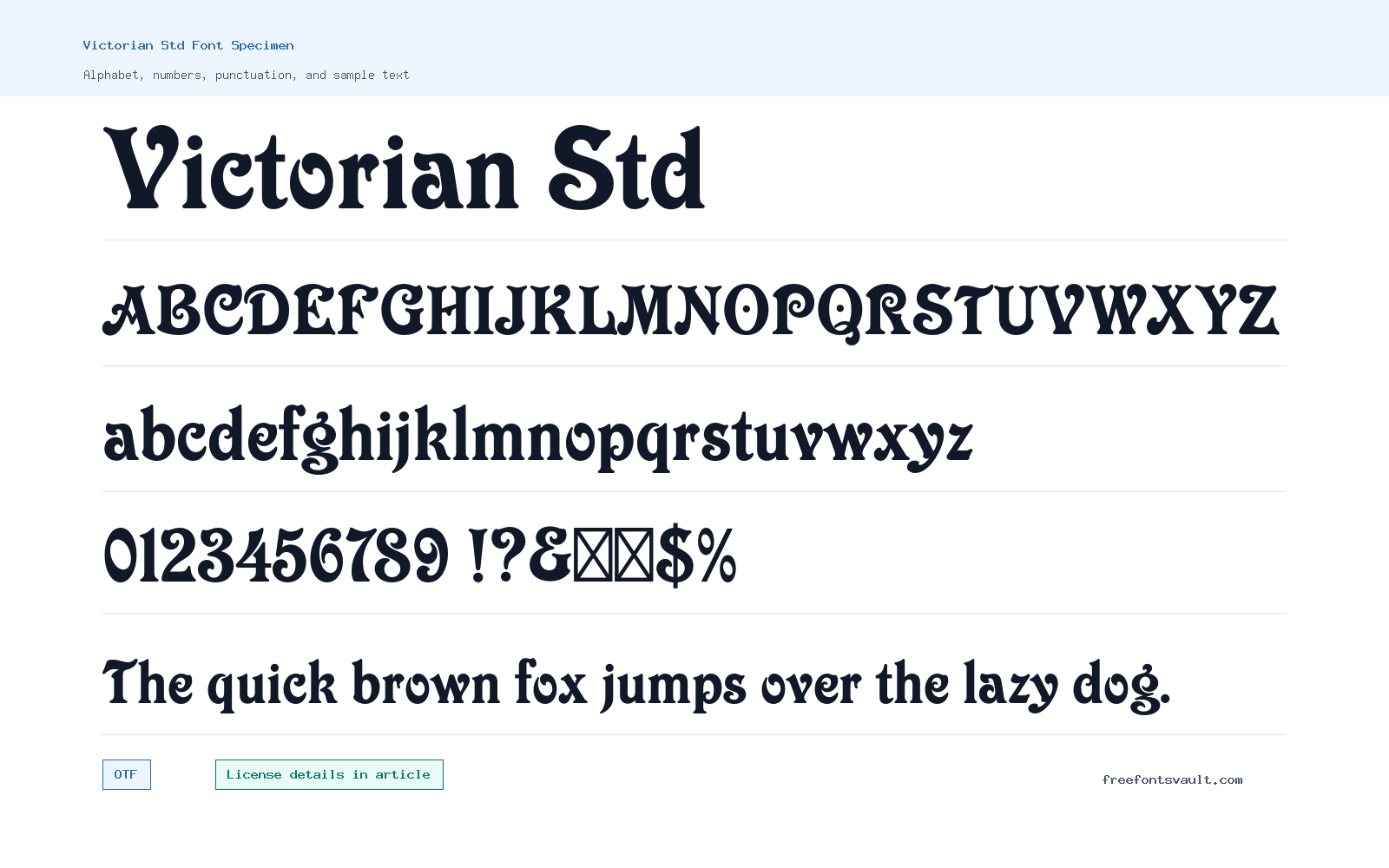 Victorian Std font specimen showing alphabet, numbers, and sample text