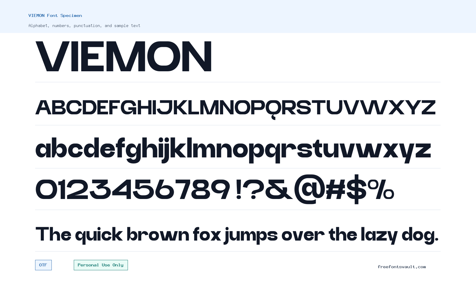 VIEMON font specimen showing alphabet, numbers, and sample text