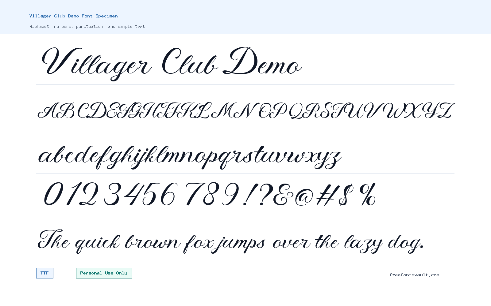 Villager Club Demo font specimen showing alphabet, numbers, and sample text
