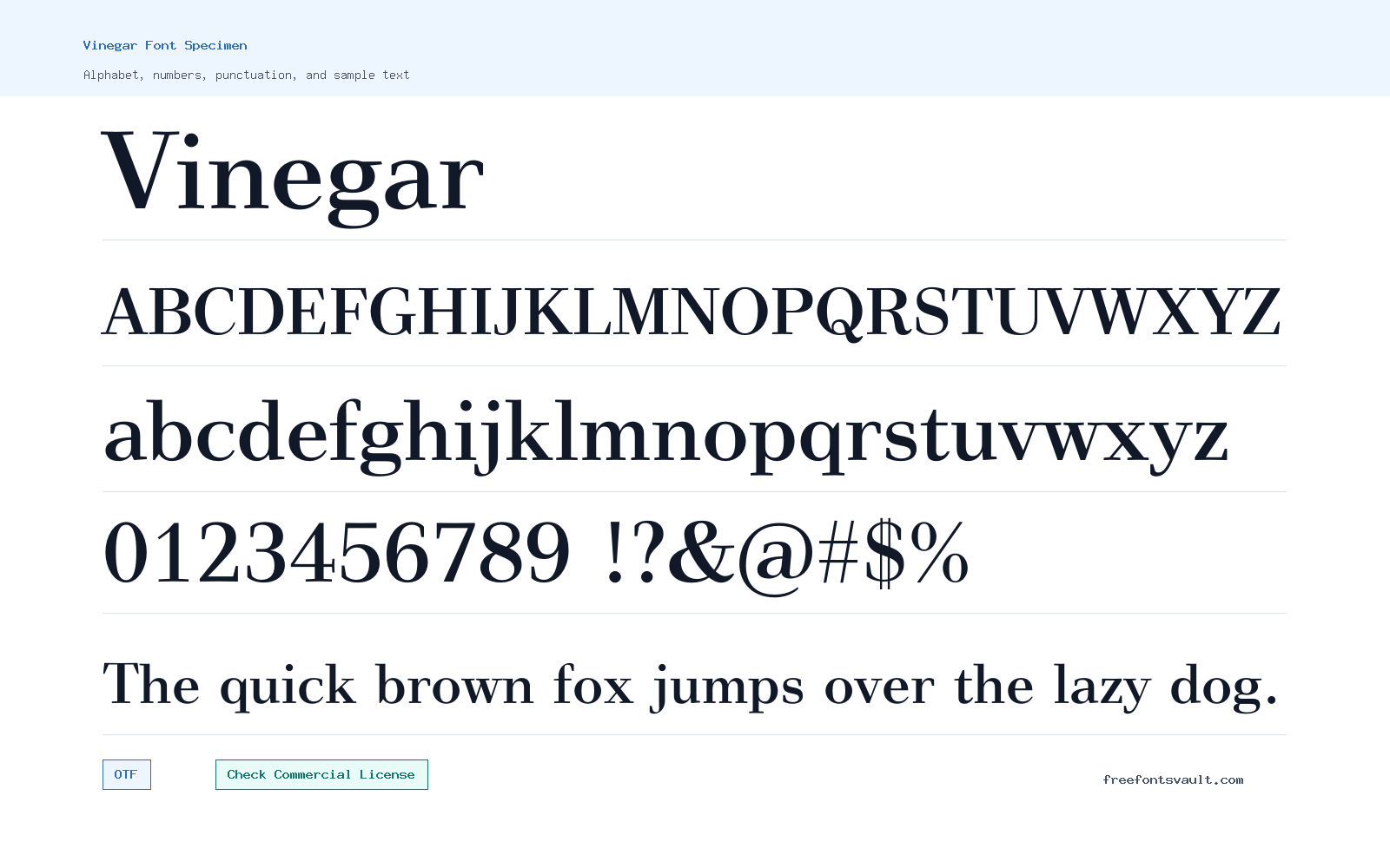 Vinegar font specimen showing alphabet, numbers, and sample text