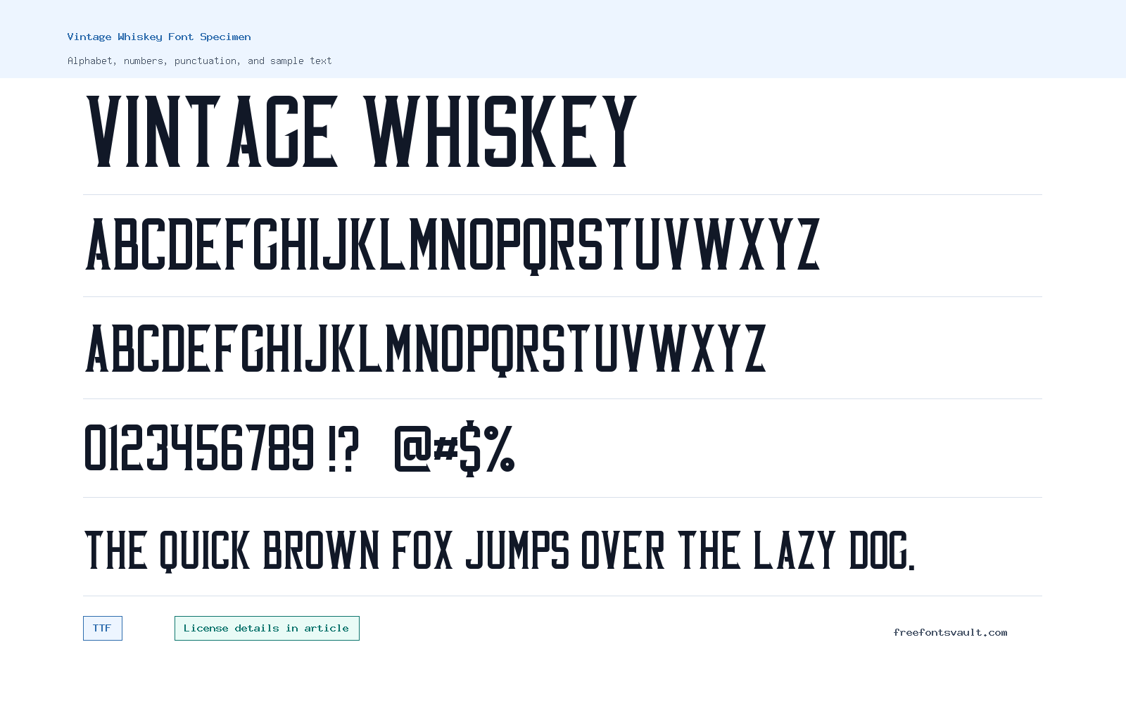 Vintage Whiskey font specimen showing alphabet, numbers, and sample text