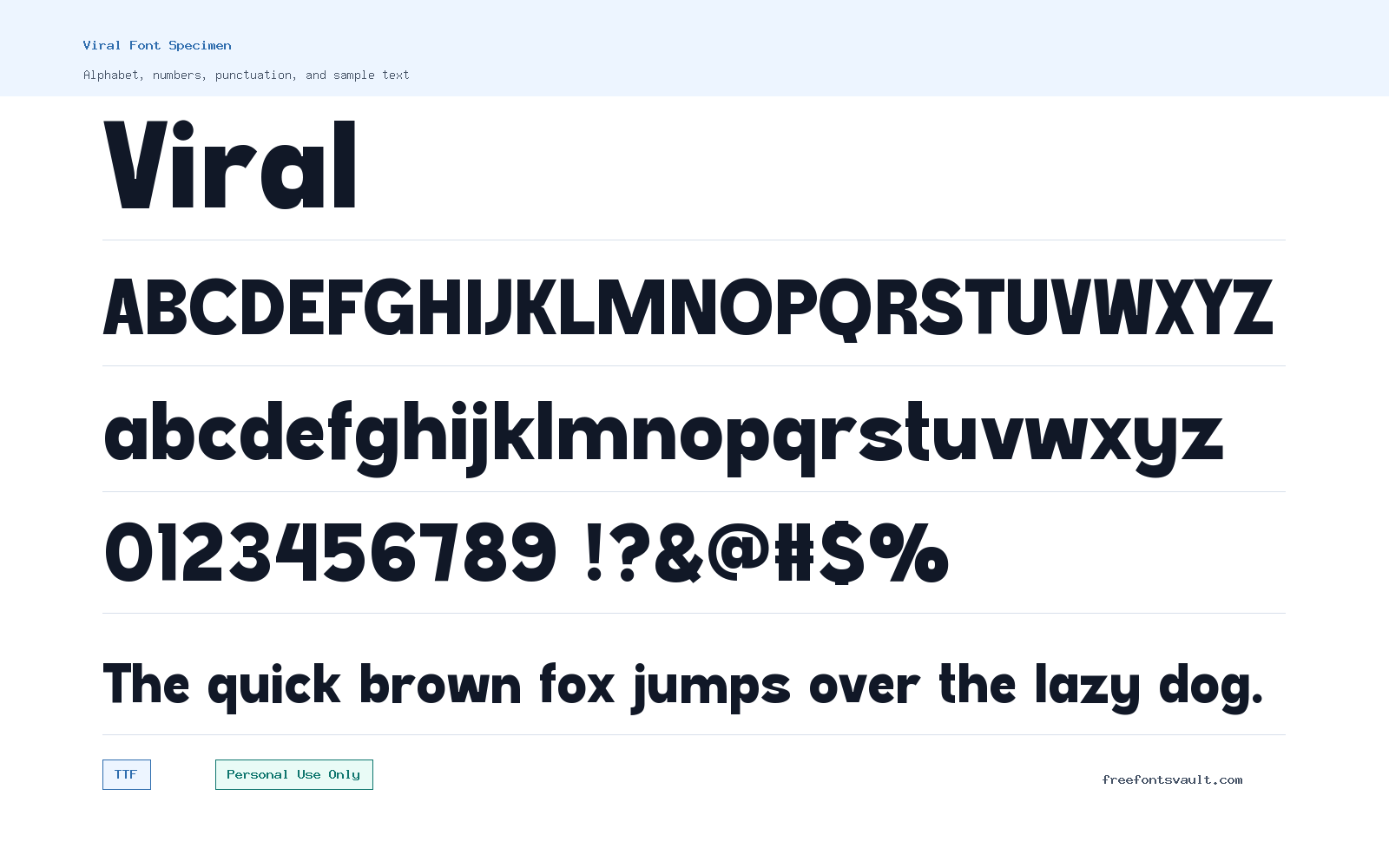 Viral font specimen showing alphabet, numbers, and sample text