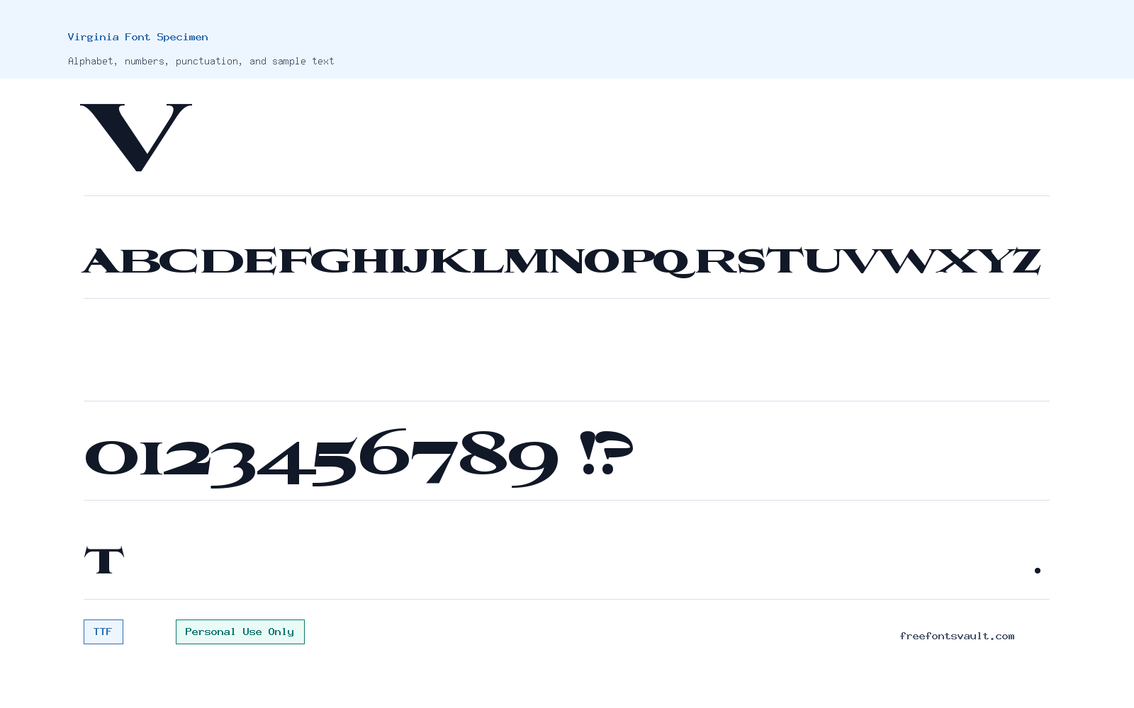 Virginia font specimen showing alphabet, numbers, and sample text