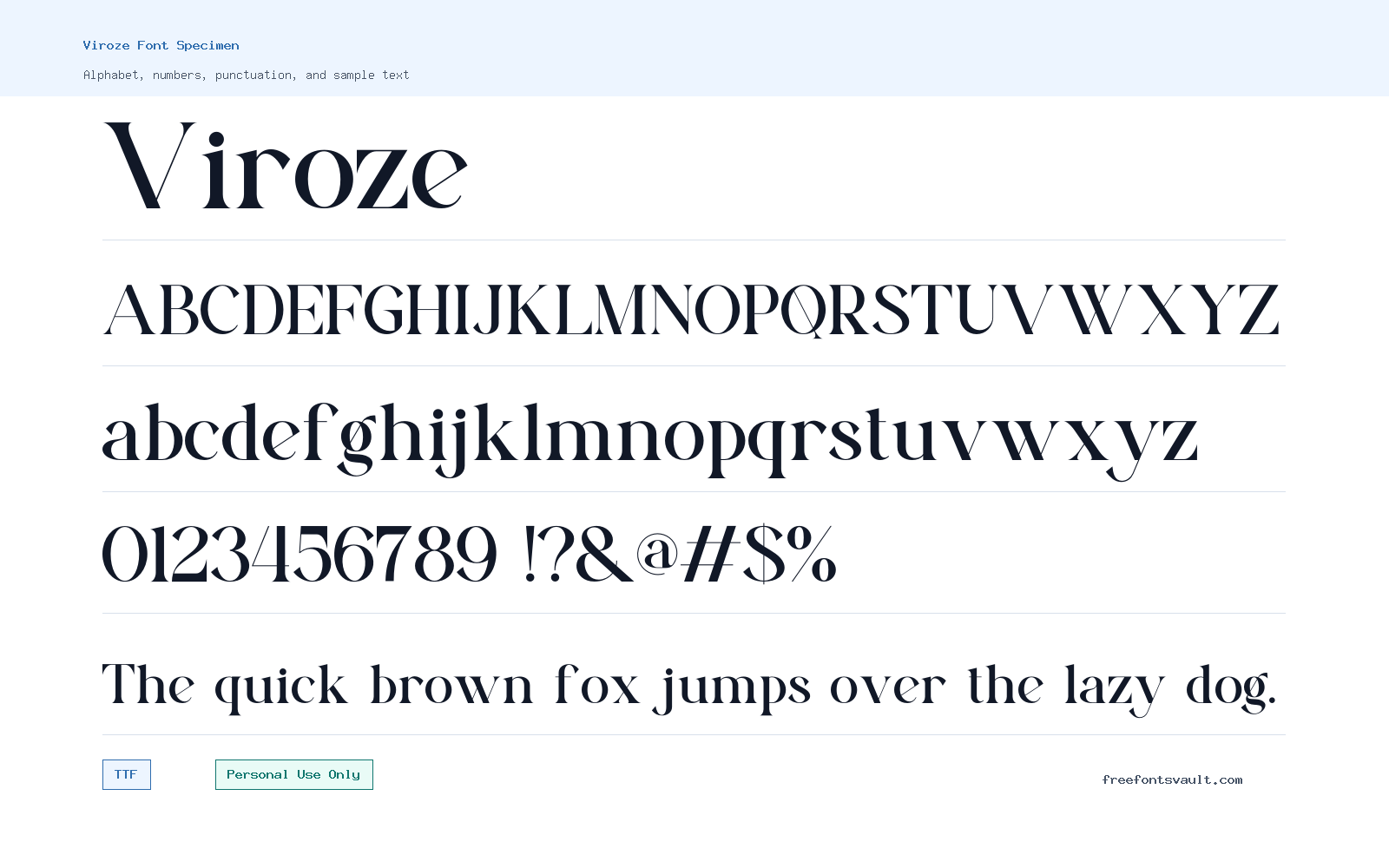 Viroze font specimen showing alphabet, numbers, and sample text