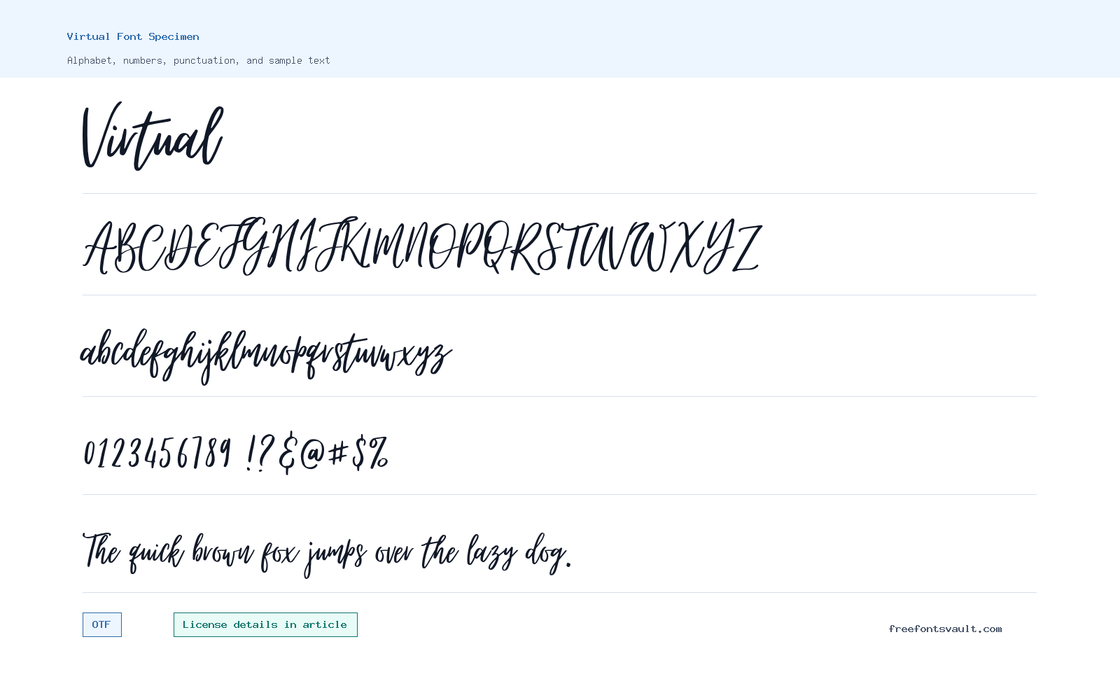 Virtual font specimen showing alphabet, numbers, and sample text