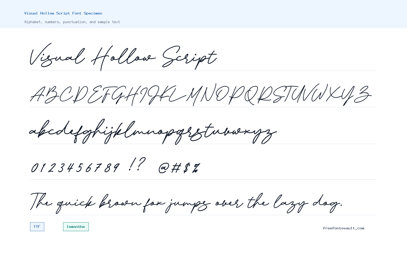 Visual Hollow Script font specimen showing alphabet, numbers, and sample text