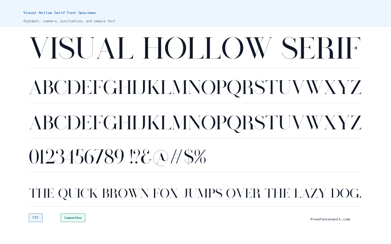 Visual Hollow Serif font specimen showing alphabet, numbers, and sample text