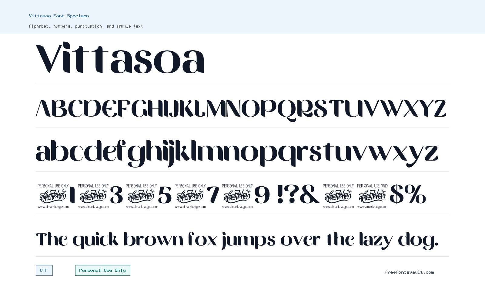 Vittasoa font specimen showing alphabet, numbers, and sample text