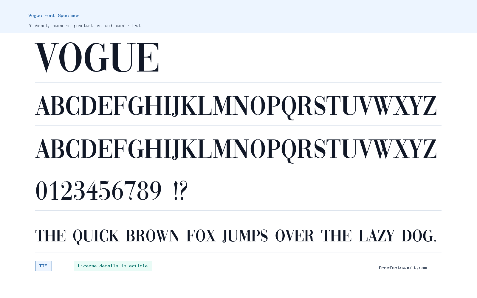 Vogue font specimen showing alphabet, numbers, and sample text