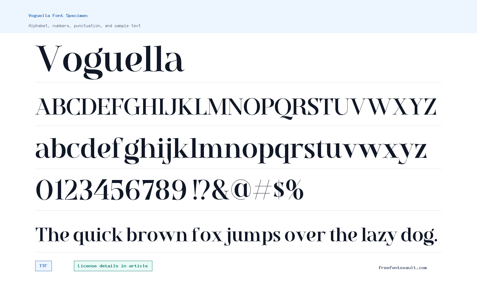 Voguella font specimen showing alphabet, numbers, and sample text