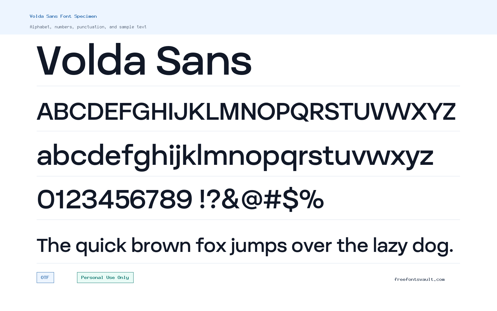 Volda Sans font specimen showing alphabet, numbers, and sample text