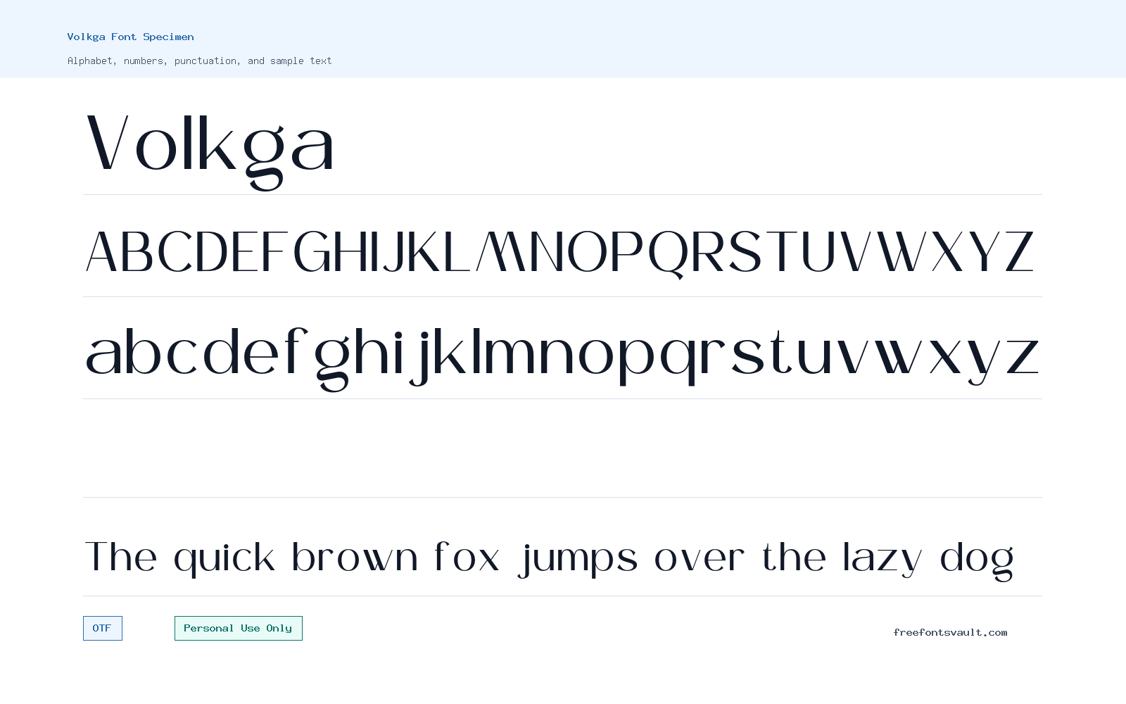 Volkga font specimen showing alphabet, numbers, and sample text