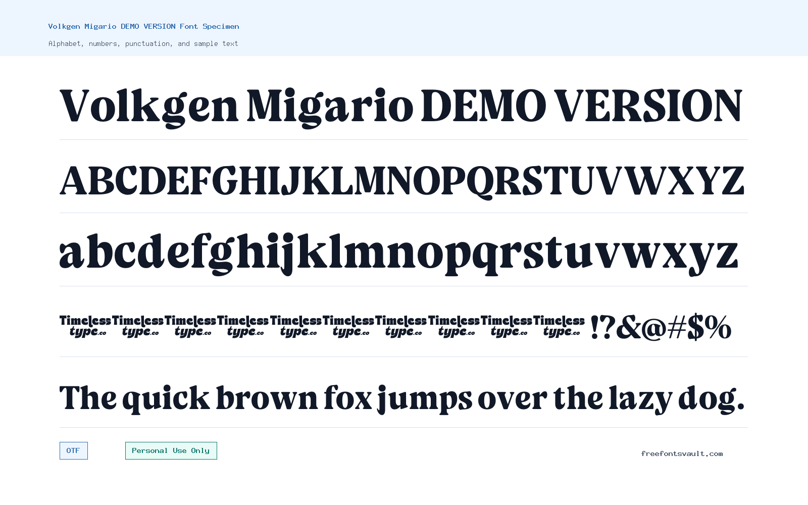 Volkgen Migario DEMO VERSION font specimen showing alphabet, numbers, and sample text