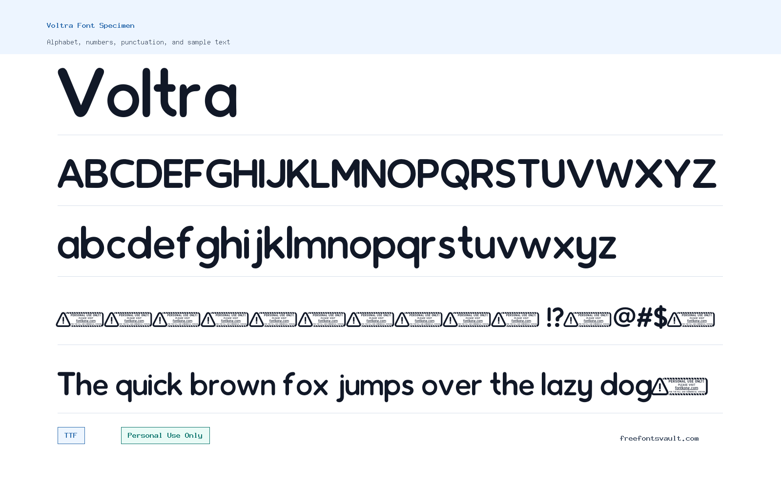 Voltra font specimen showing alphabet, numbers, and sample text