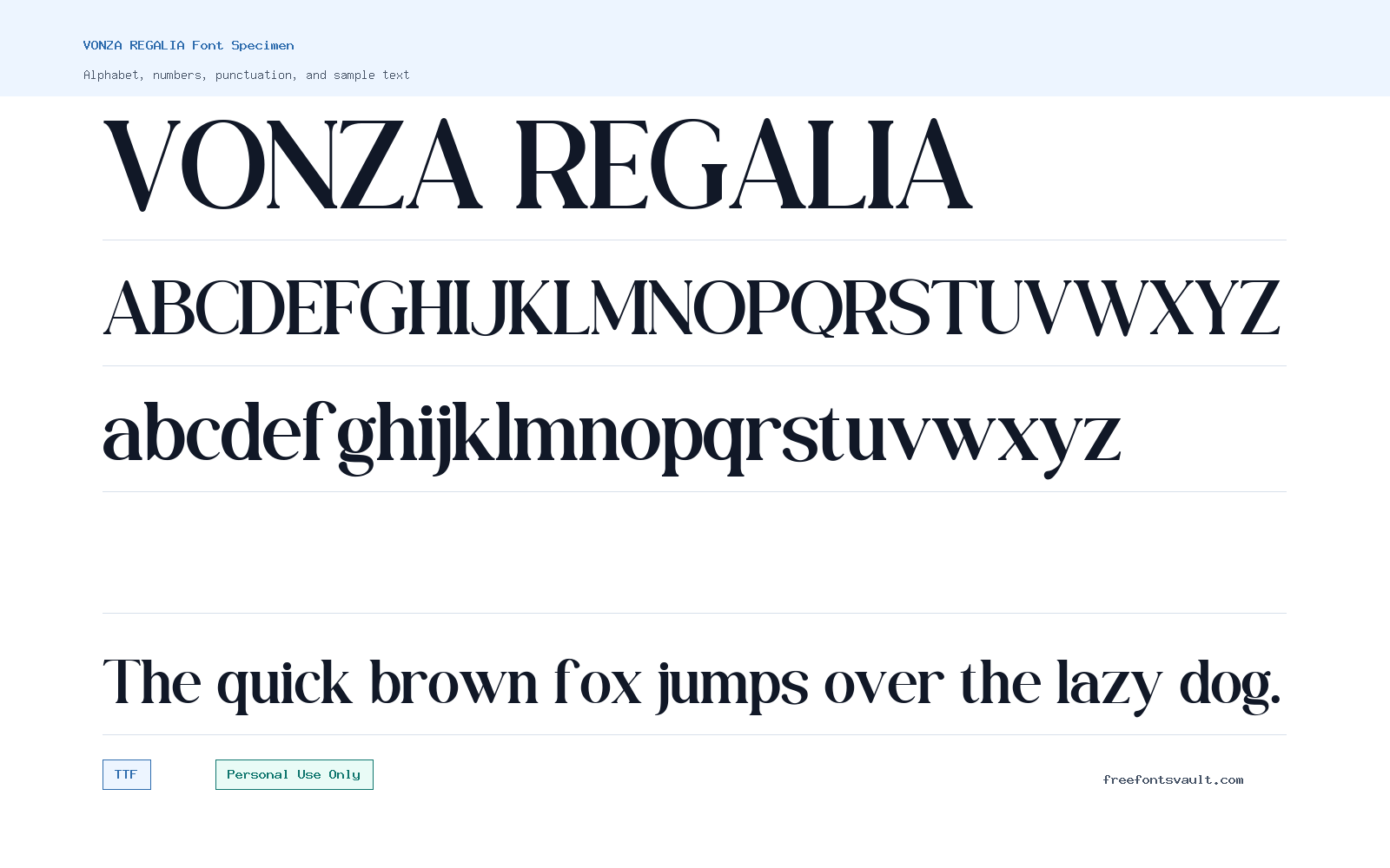 VONZA REGALIA font specimen showing alphabet, numbers, and sample text