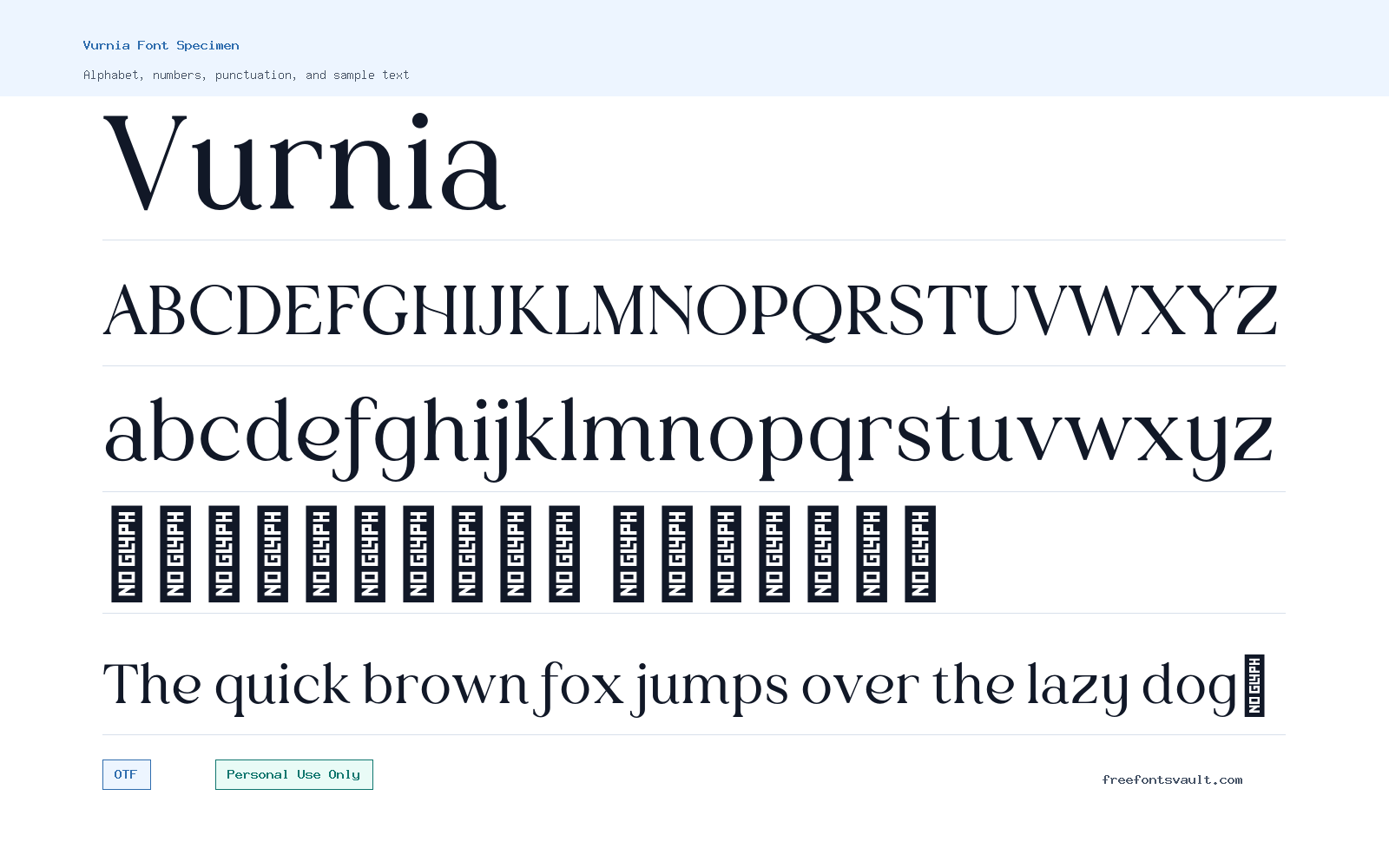 Vurnia font specimen showing alphabet, numbers, and sample text